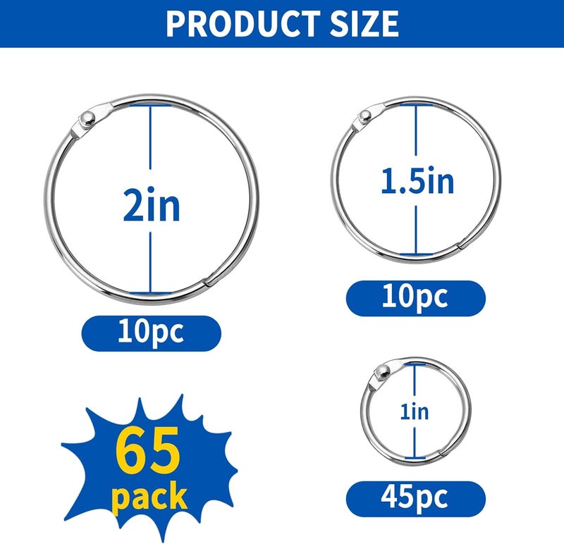 TONOS 65 Pcs Binder Rings Assorted Sizes (1, 1.5 & 2 inch) - Nickel Plated Silver Metal Book Rings for Index Cards, Keychains, Loose Leaf Paper, Heavy Duty Binder Clips - Image 2